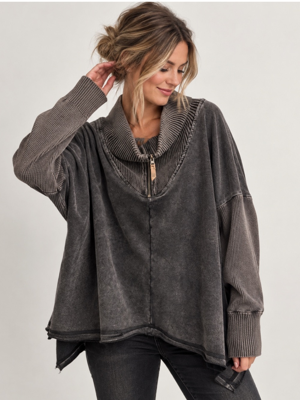 NWT BKE Washed Black Oversized Cowl Neck Zip Pullover One Size DS6283